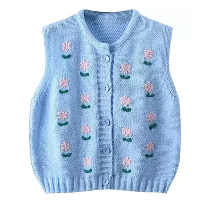 Flower Embroidery Blue Knit Vest