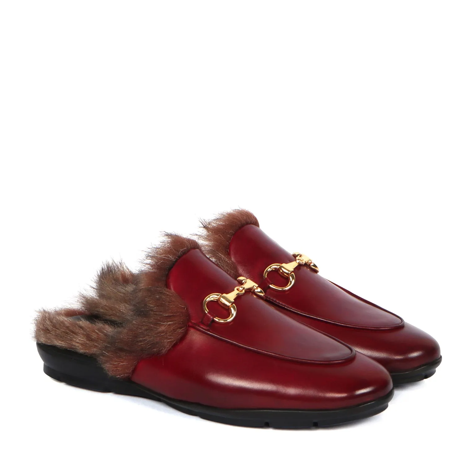 Furry Mules Light Weight Wine Leather Formal Horsebit Buckle With Slipper Opening at The Back (Summer Special) By Brune & Baresk