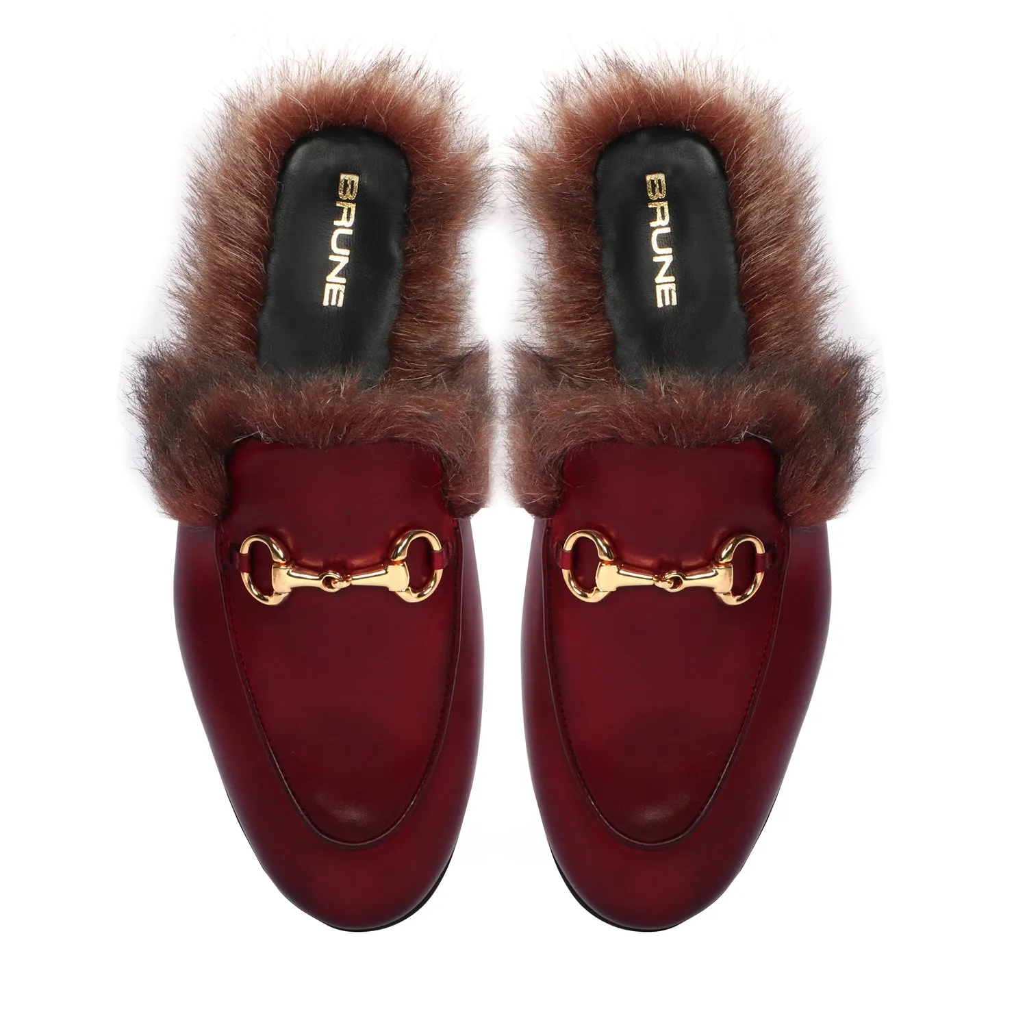 Furry Mules Light Weight Wine Leather Formal Horsebit Buckle With Slipper Opening at The Back (Summer Special) By Brune & Baresk