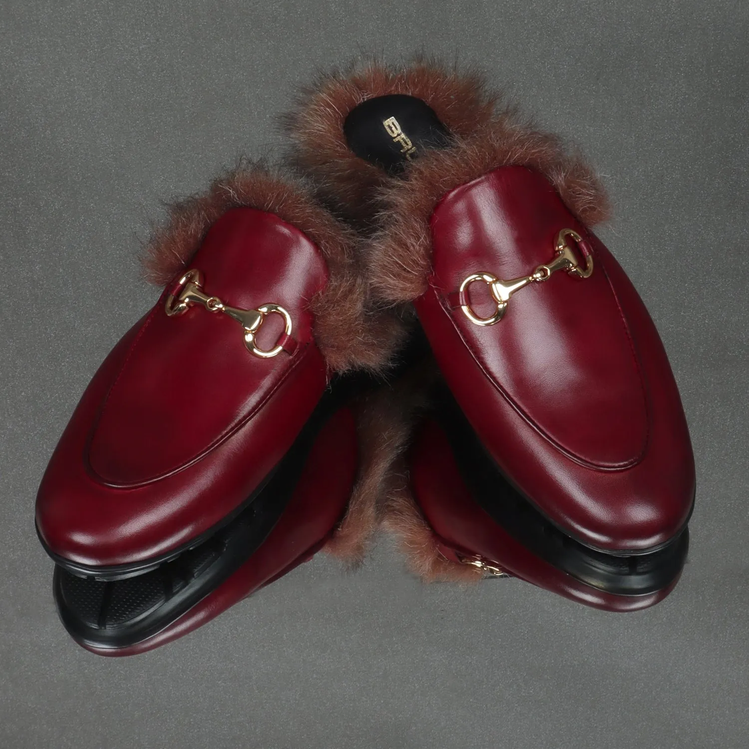 Furry Mules Light Weight Wine Leather Formal Horsebit Buckle With Slipper Opening at The Back (Summer Special) By Brune & Baresk