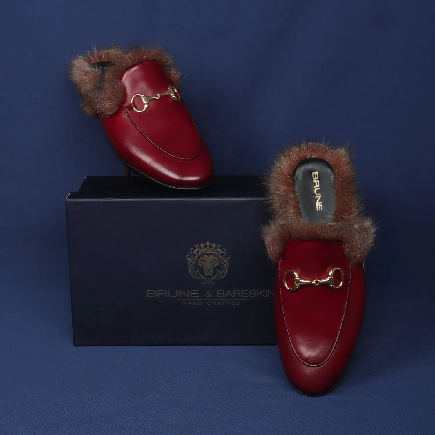 Furry Mules Light Weight Wine Leather Formal Horsebit Buckle With Slipper Opening at The Back (Summer Special) By Brune & Baresk