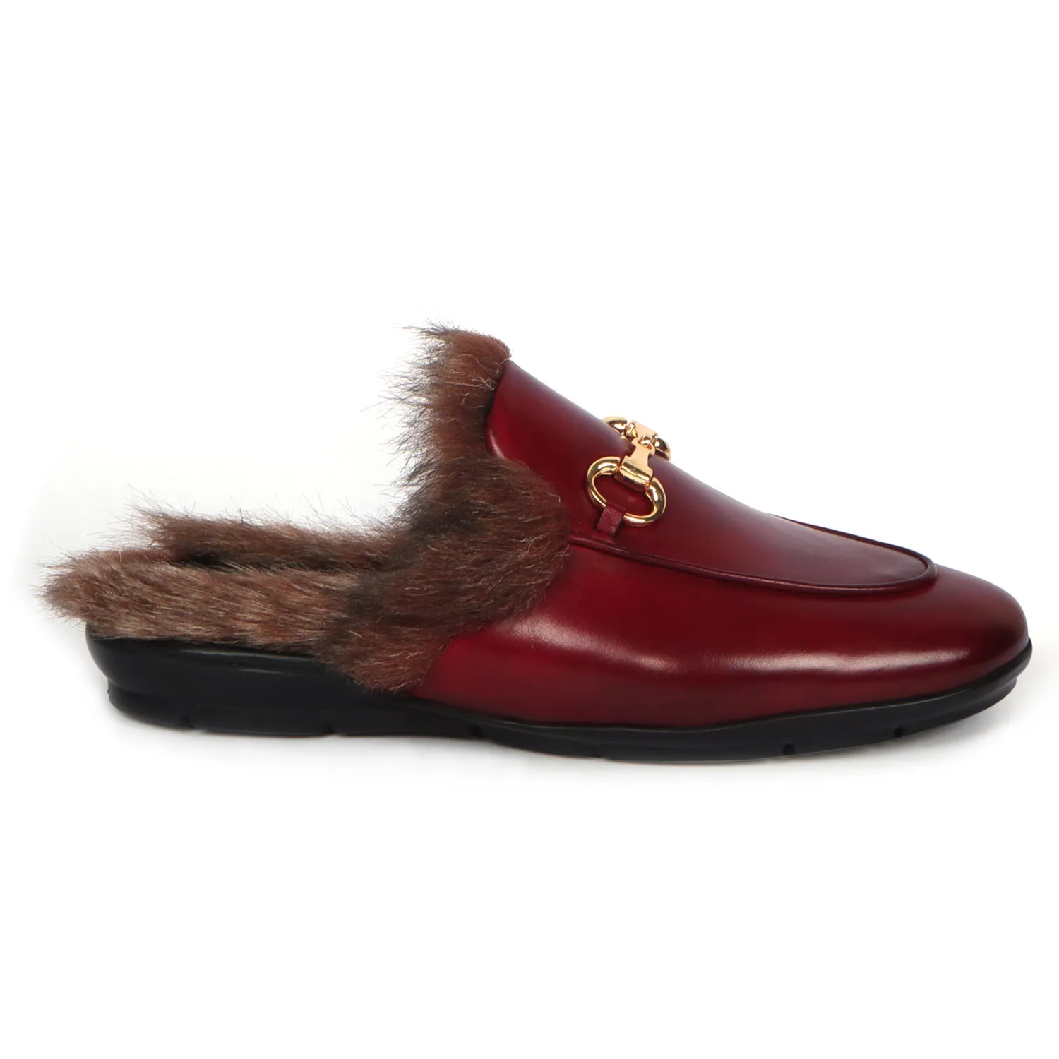 Furry Mules Light Weight Wine Leather Formal Horsebit Buckle With Slipper Opening at The Back (Summer Special) By Brune & Baresk