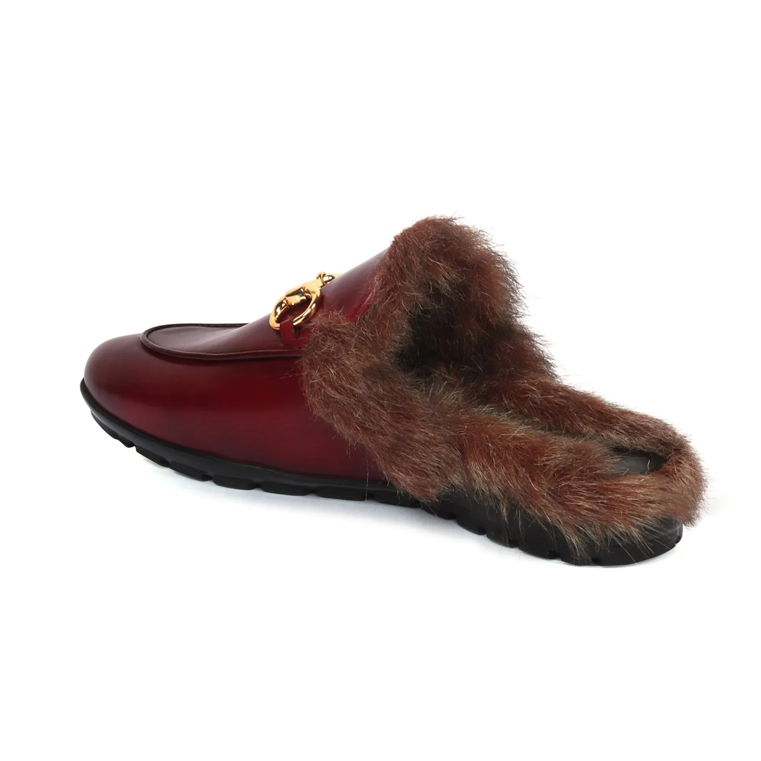 Furry Mules Light Weight Wine Leather Formal Horsebit Buckle With Slipper Opening at The Back (Summer Special) By Brune & Baresk