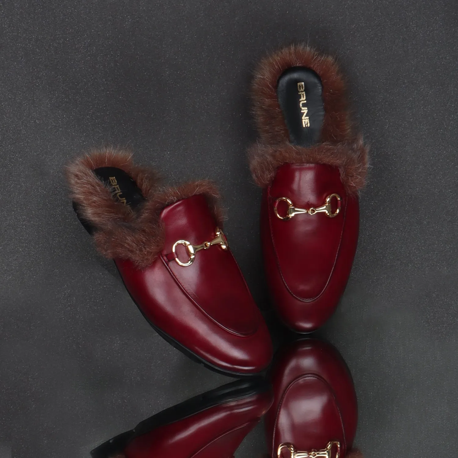 Furry Mules Light Weight Wine Leather Formal Horsebit Buckle With Slipper Opening at The Back (Summer Special) By Brune & Baresk