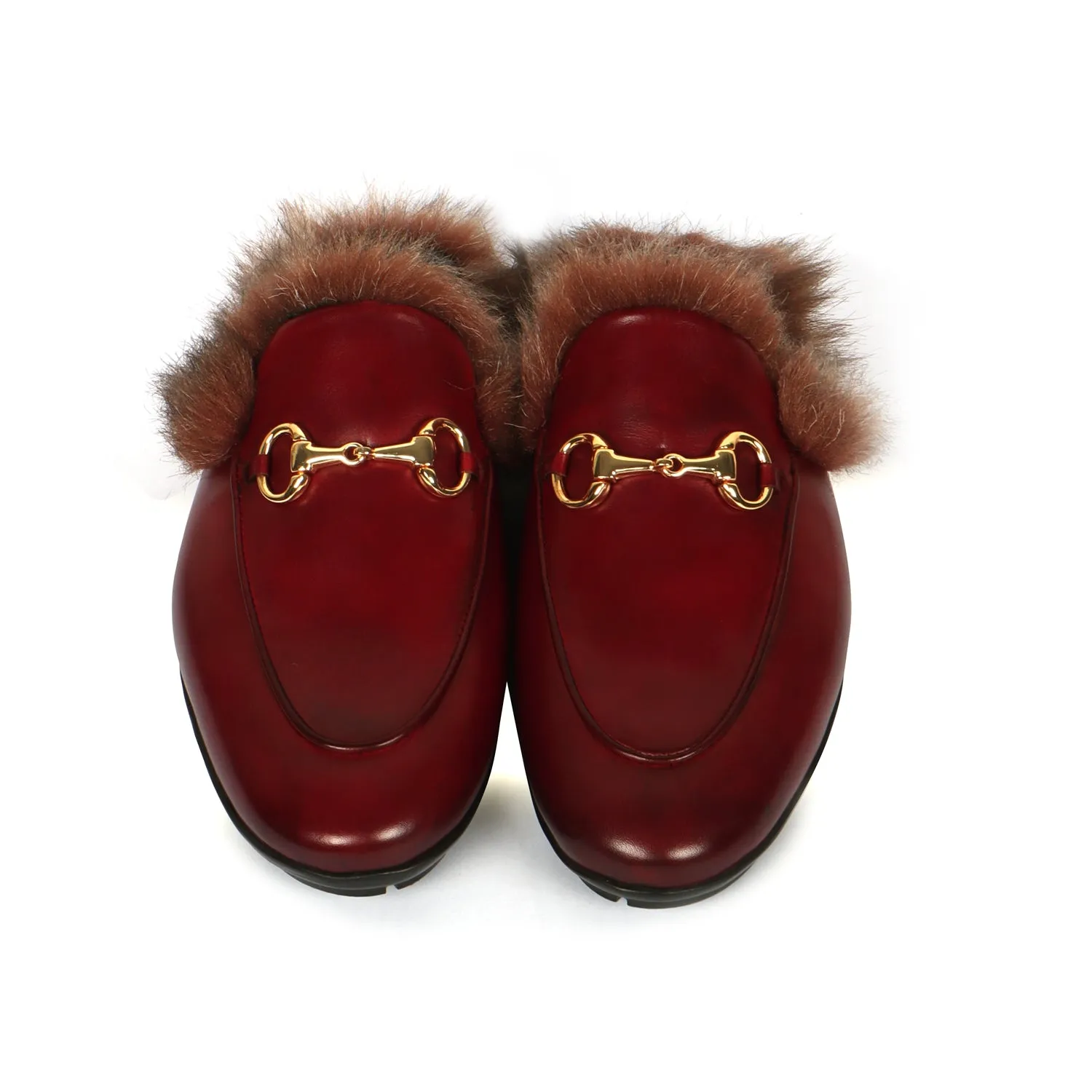 Furry Mules Light Weight Wine Leather Formal Horsebit Buckle With Slipper Opening at The Back (Summer Special) By Brune & Baresk