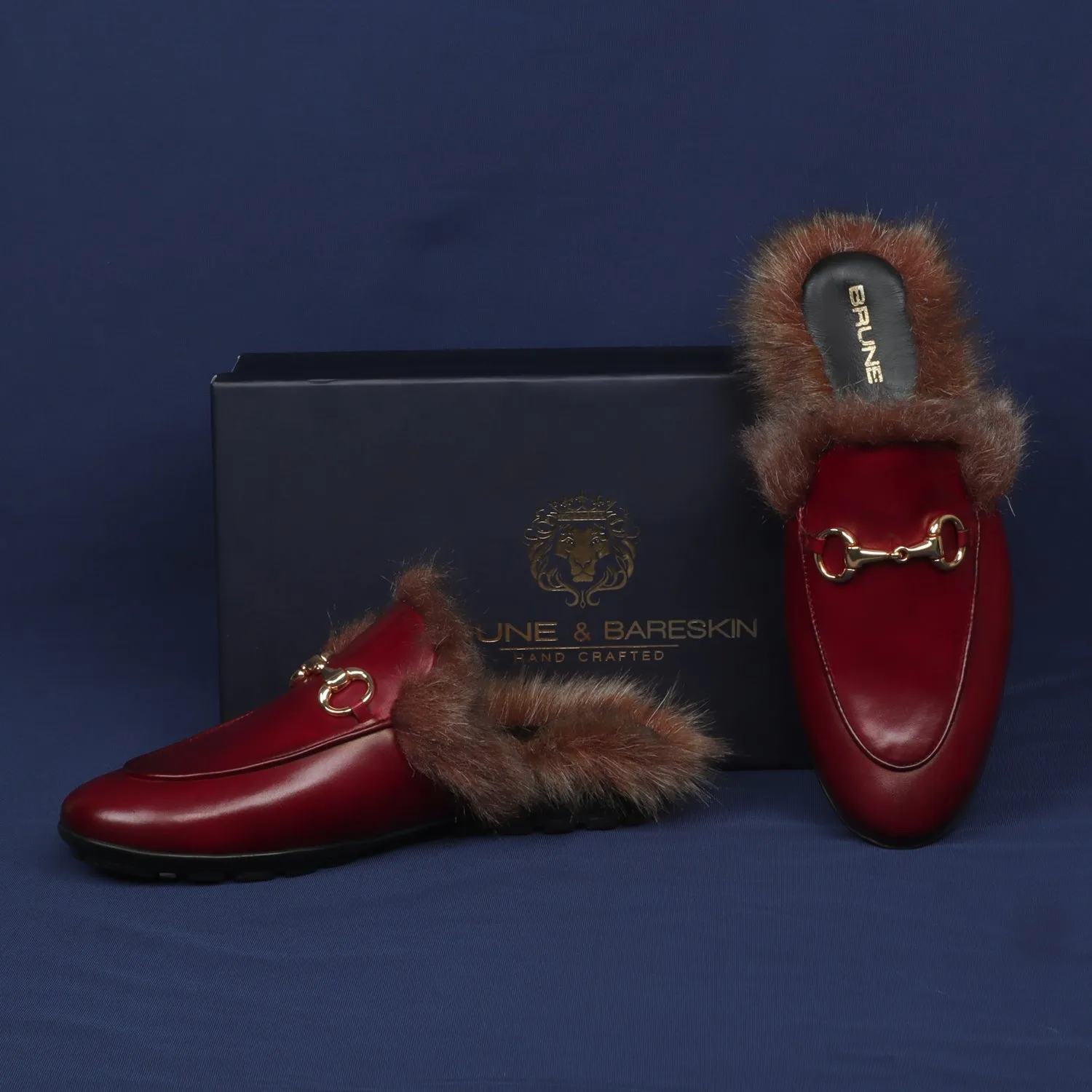 Furry Mules Light Weight Wine Leather Formal Horsebit Buckle With Slipper Opening at The Back (Summer Special) By Brune & Baresk