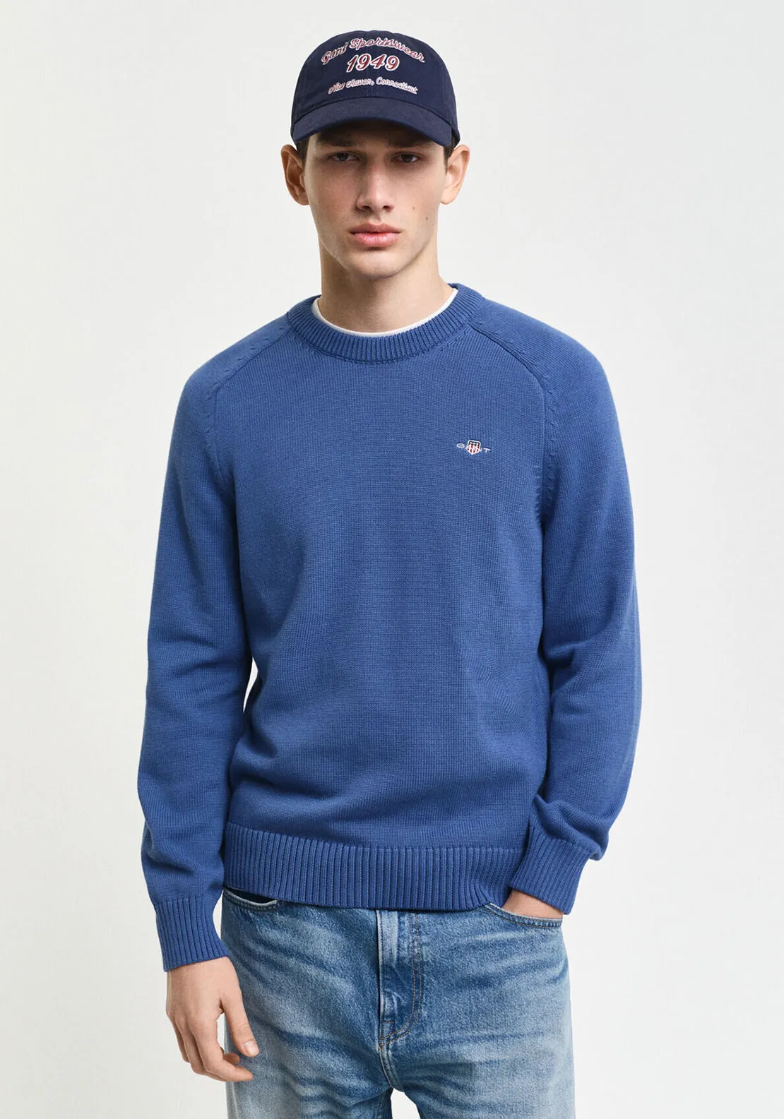 Gant Cotton Saddle Crew Neck Sweater, Vintage Blue