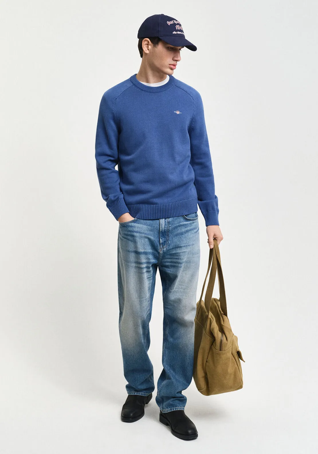 Gant Cotton Saddle Crew Neck Sweater, Vintage Blue