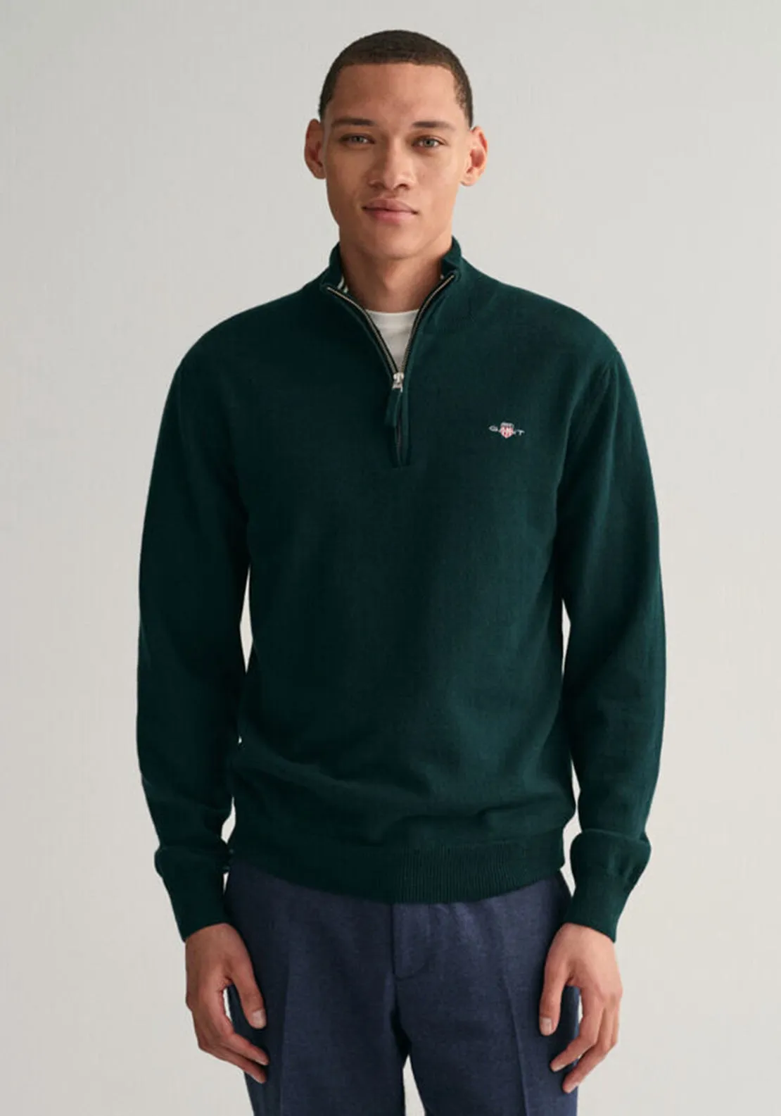 Gant Superfine Lambswool Half Zip Sweater, Tartan Green