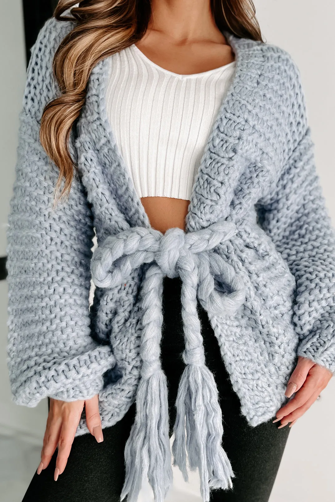 Holiday Steal- Cocoa & Cozies Braided Tie Chunky Knit Cardigan (Blue)