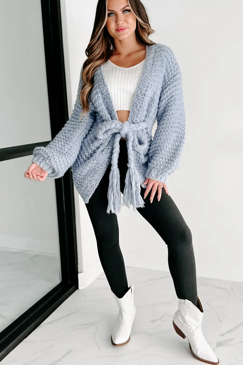 Holiday Steal- Cocoa & Cozies Braided Tie Chunky Knit Cardigan (Blue)