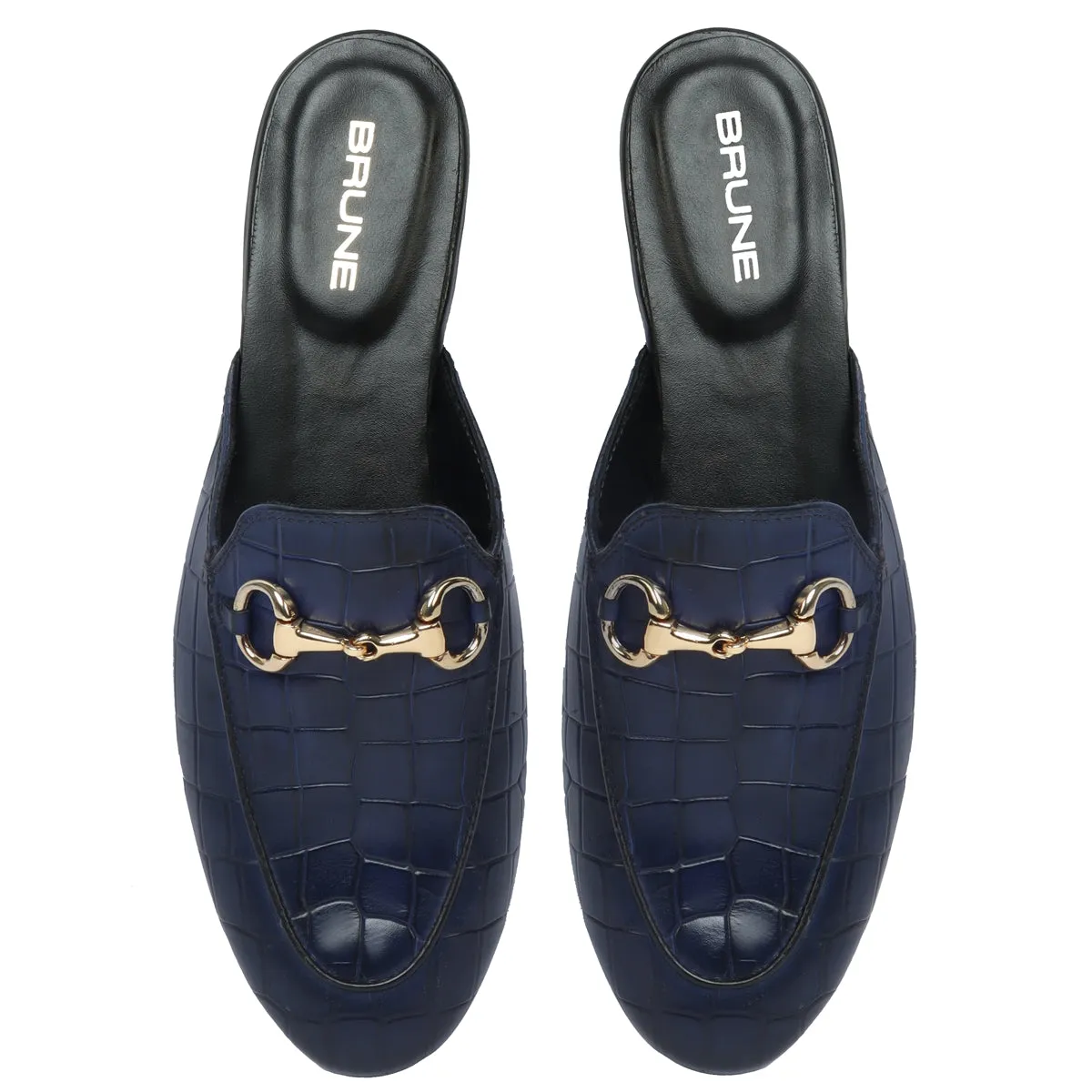 Horse-bit Detailing Leather Formal Mules in Blue Deep Cut Leather