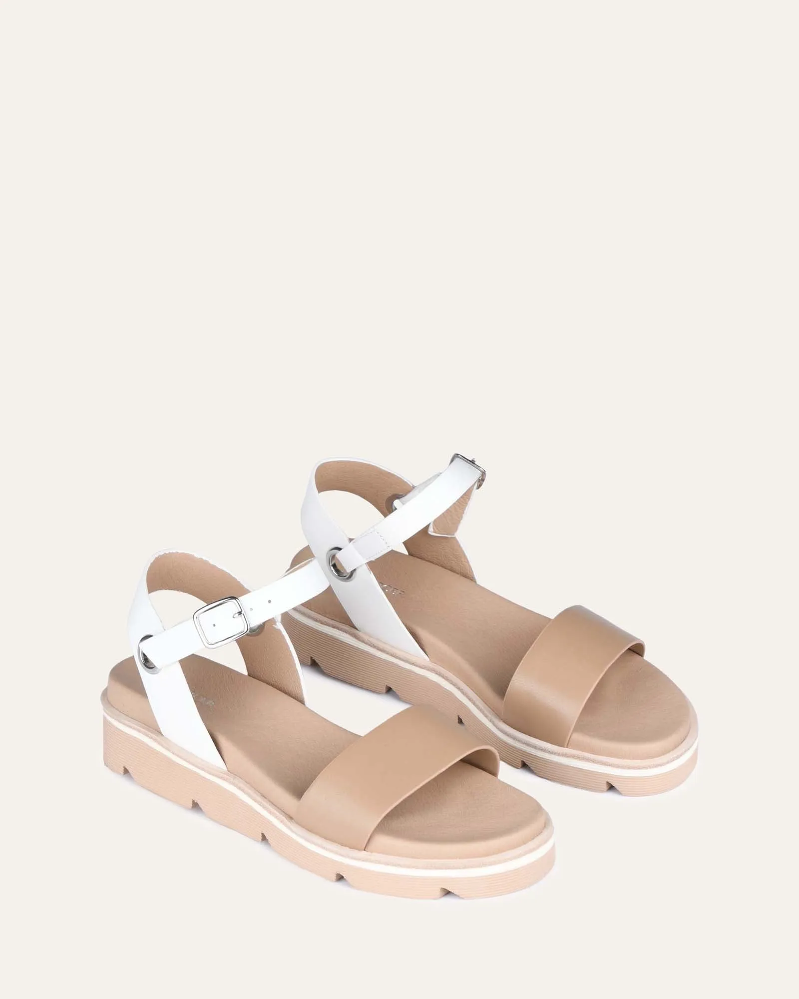 Illusion flat wedge sandals white tan leather