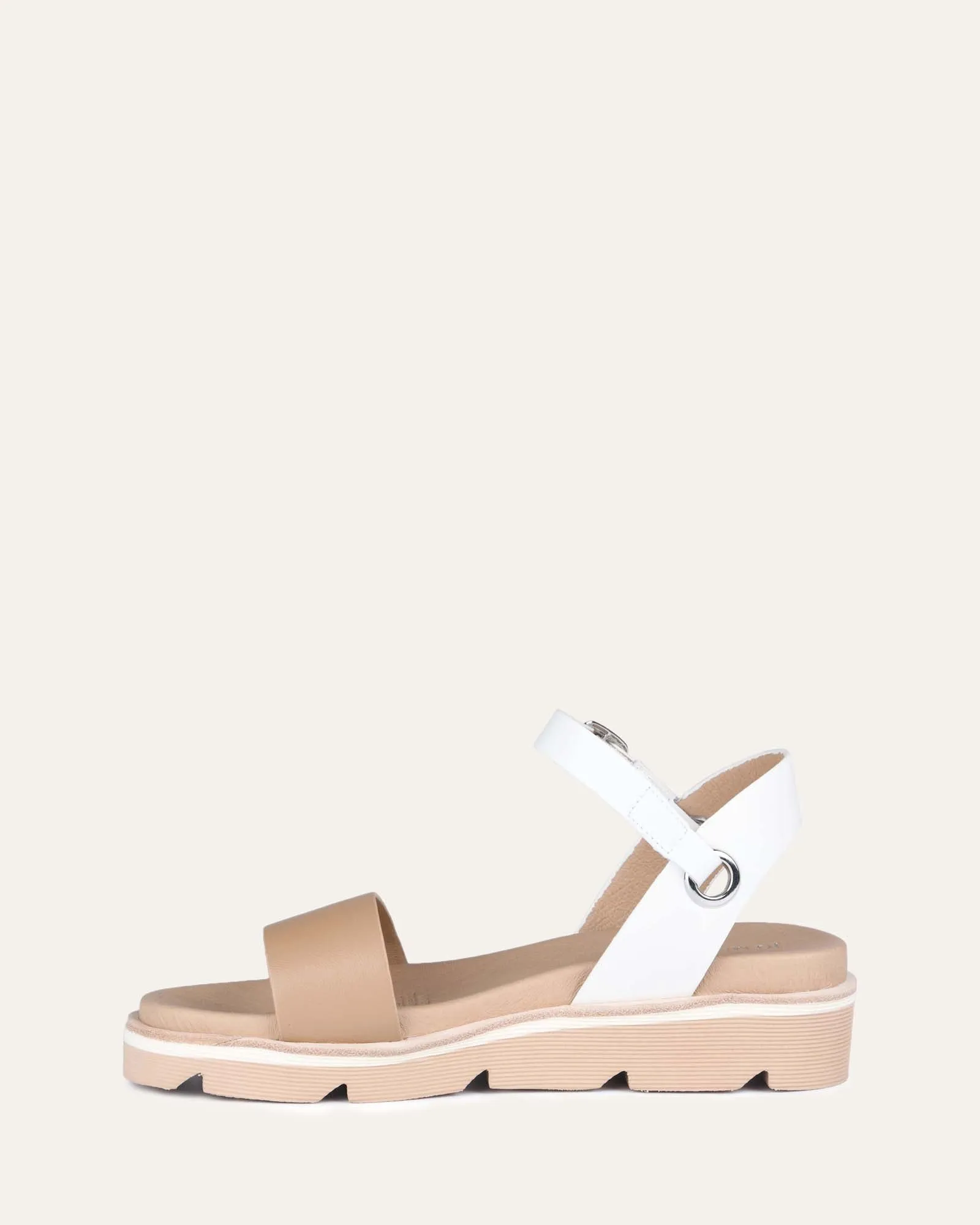 Illusion flat wedge sandals white tan leather