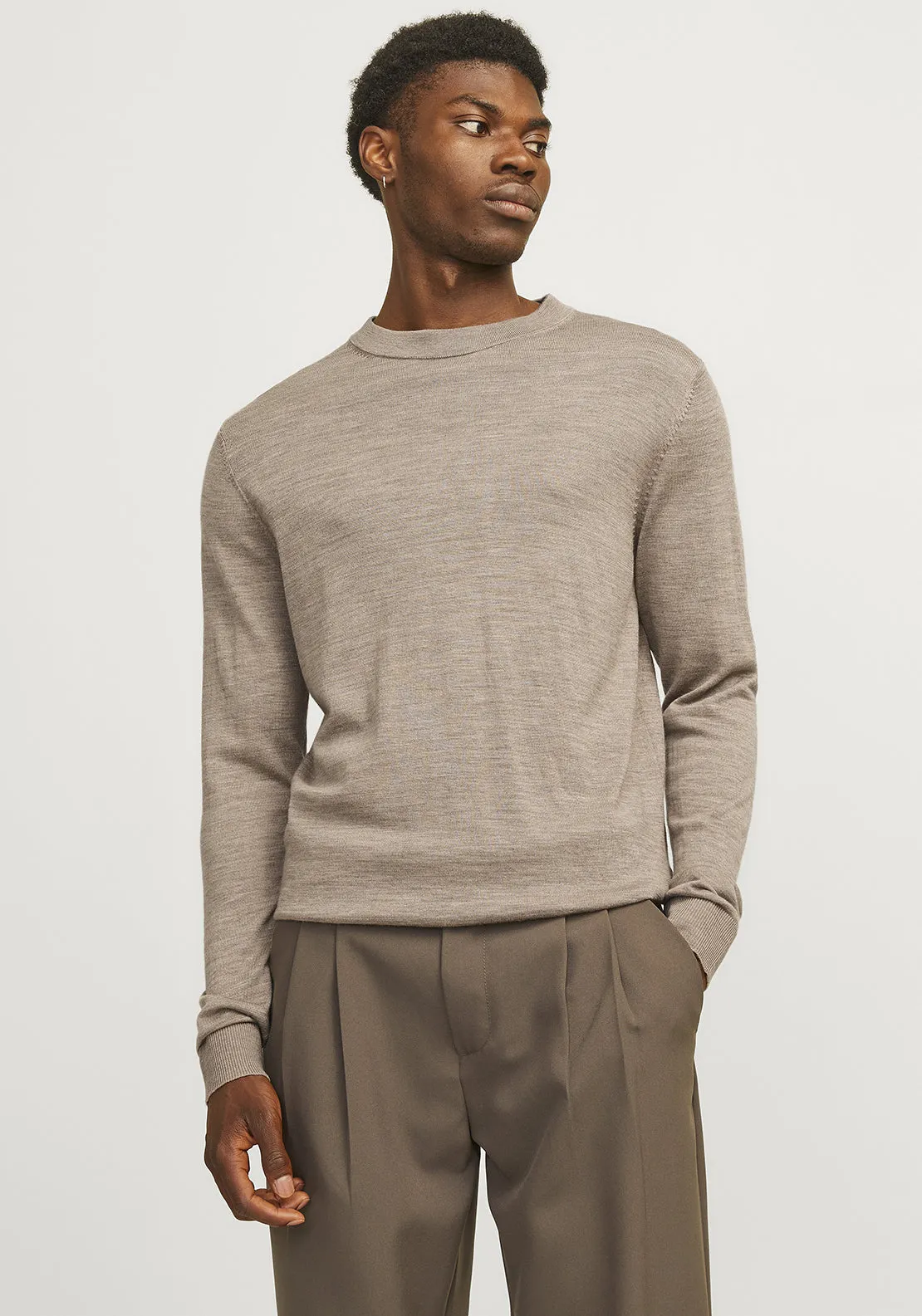 Jack & Jones Merino Knit Crew Neck Sweater, Greige Melange