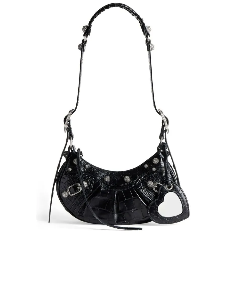 Le Cagole XS Shoulder Bag Crocodile Embossed with Rhinestones in Black