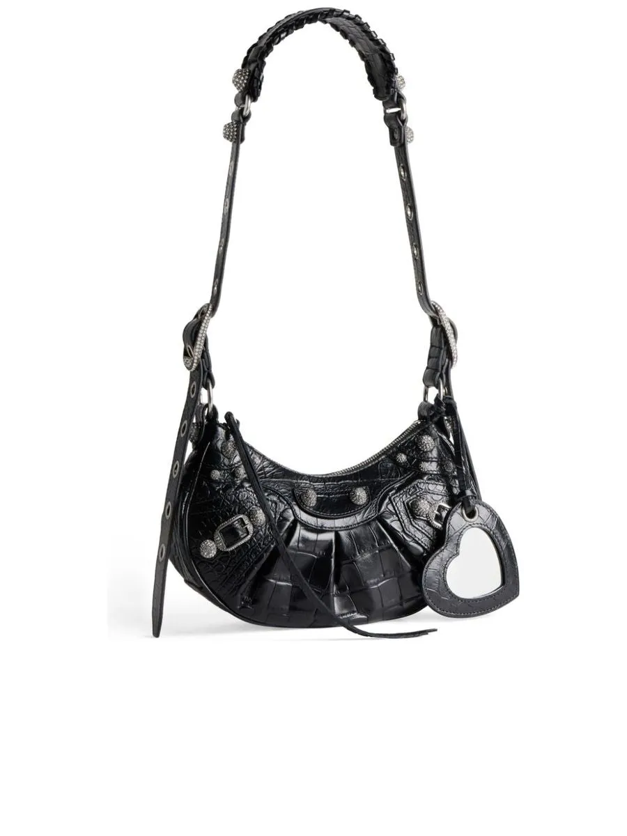 Le Cagole XS Shoulder Bag Crocodile Embossed with Rhinestones in Black