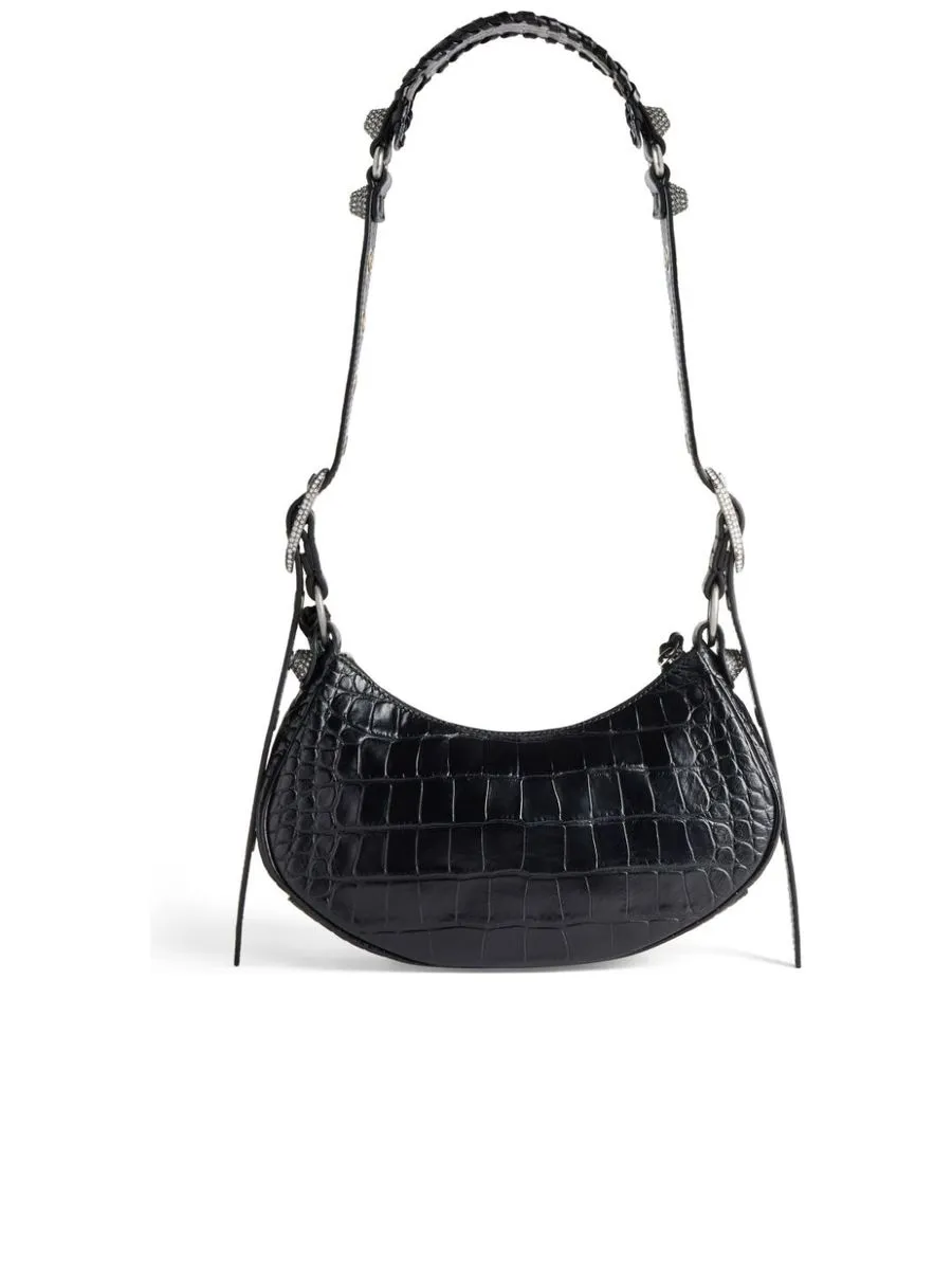 Le Cagole XS Shoulder Bag Crocodile Embossed with Rhinestones in Black