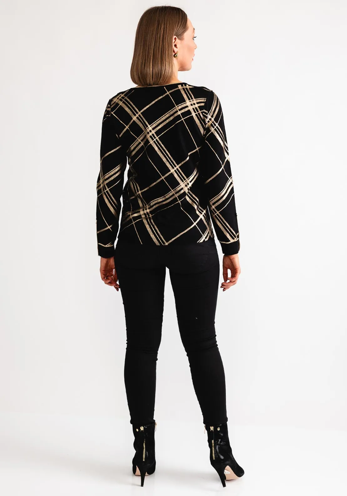 Leo and Ugo Checked Button Detail Sweater, Black and Gold