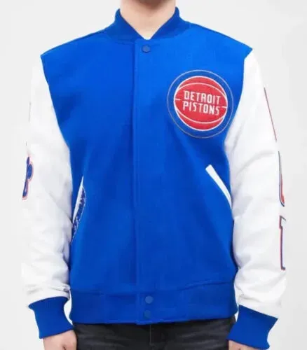 Letterman Detroit Pistons Blue and White Varsity Jacket