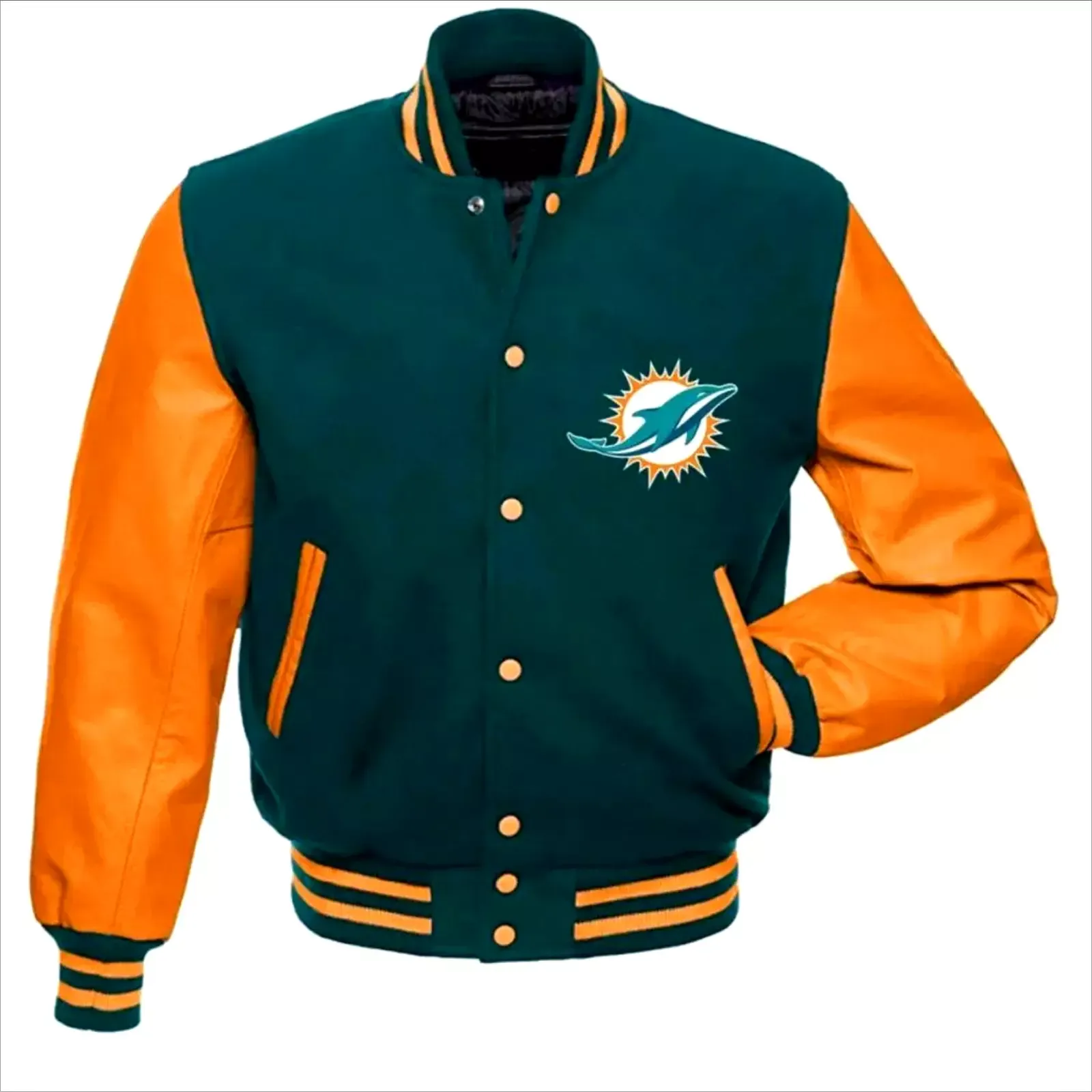 Letterman Miami Dolphins Varsity Jacket With Leathers Sleeves