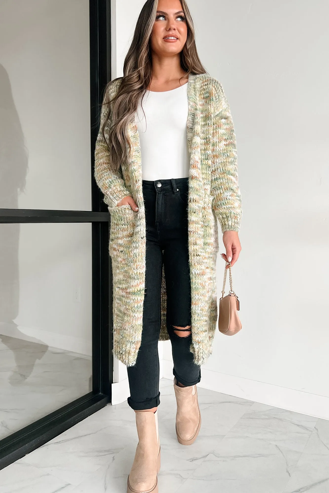 Lost In A Novel Open Front Multi-Colored Cardigan (Olive Multi)