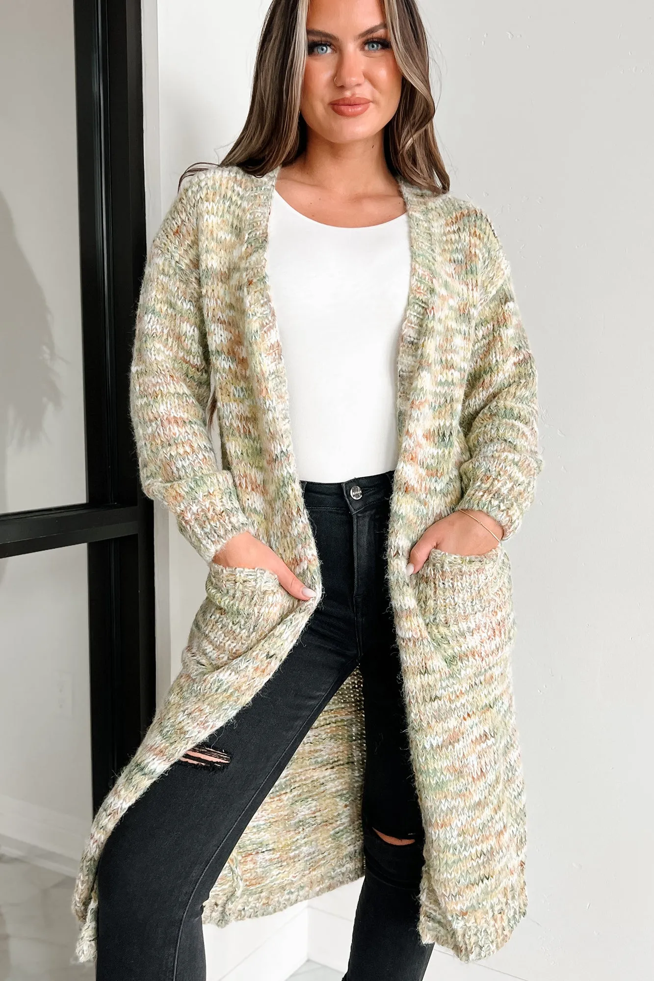 Lost In A Novel Open Front Multi-Colored Cardigan (Olive Multi)