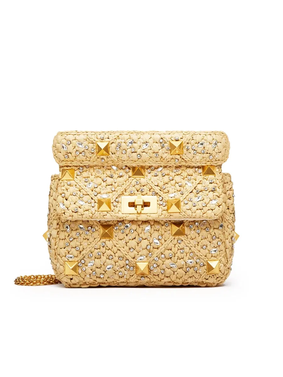 Medium Roman Stud The Shoulder Bag in Raffia with Chain and Rhinestones