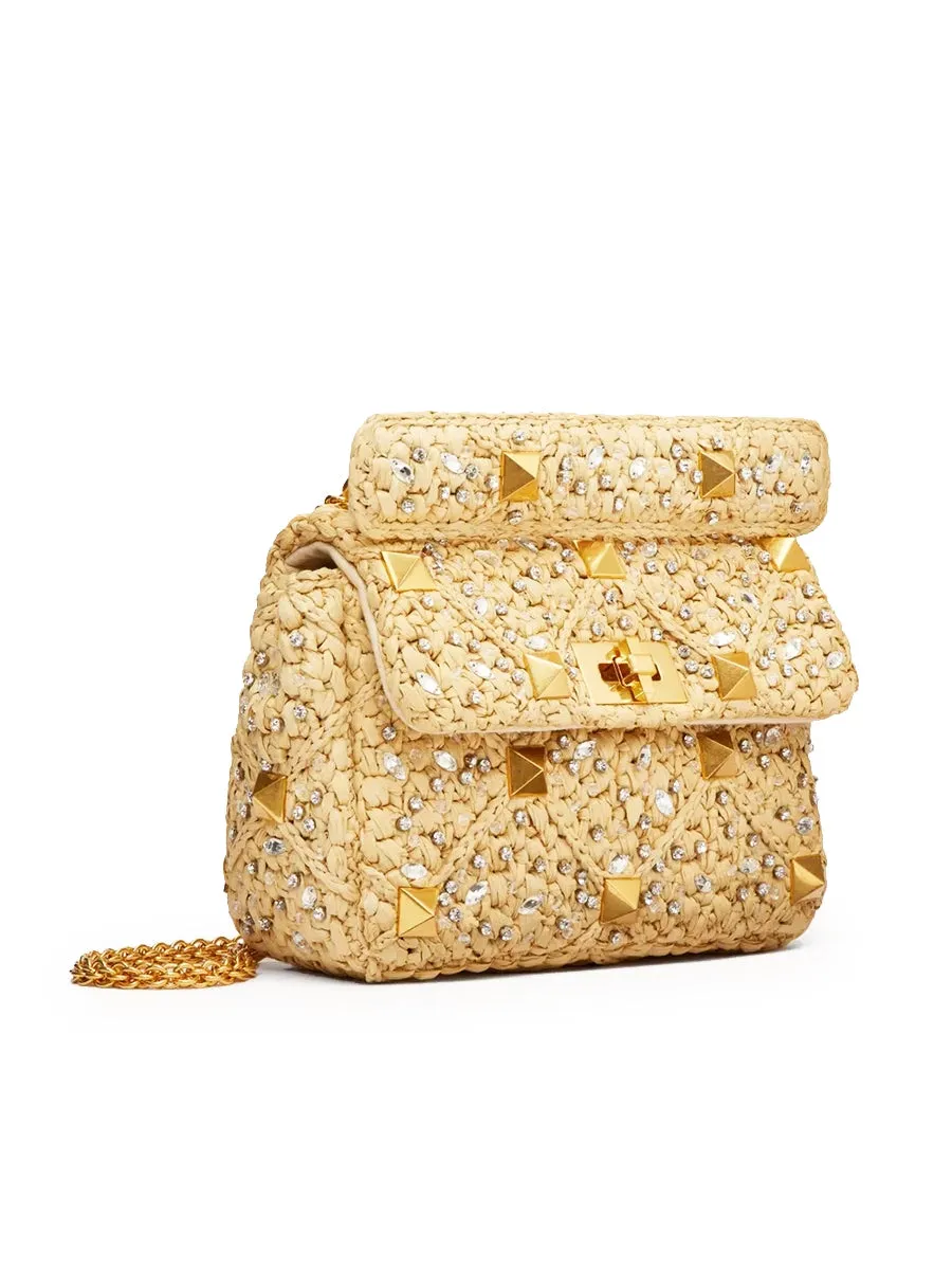 Medium Roman Stud The Shoulder Bag in Raffia with Chain and Rhinestones