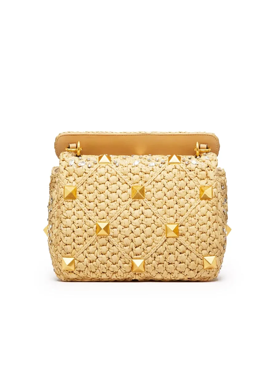 Medium Roman Stud The Shoulder Bag in Raffia with Chain and Rhinestones