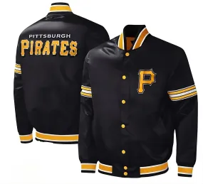 Men Pittsburgh Pirates Black Satin Full Snap Jacket With Embroidery