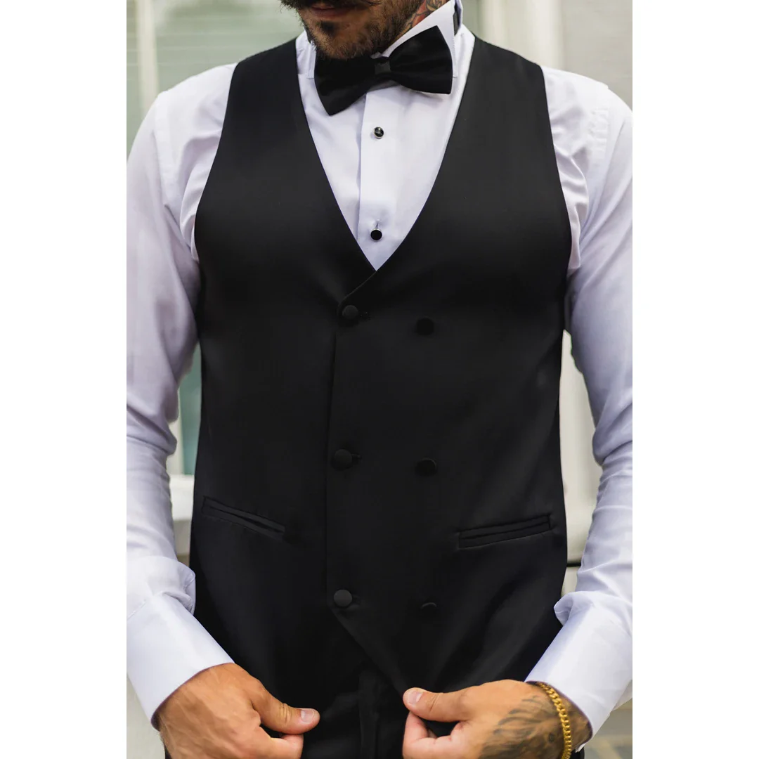 Men's Black Satin Double Breasted Waistcoat Black Tie Dinner Vest