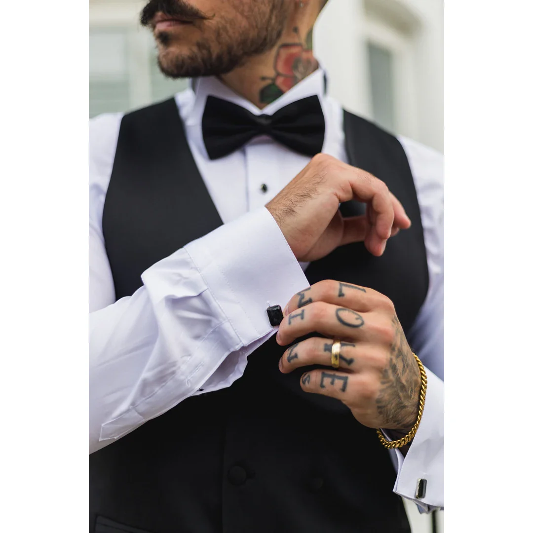 Men's Black Satin Double Breasted Waistcoat Black Tie Dinner Vest