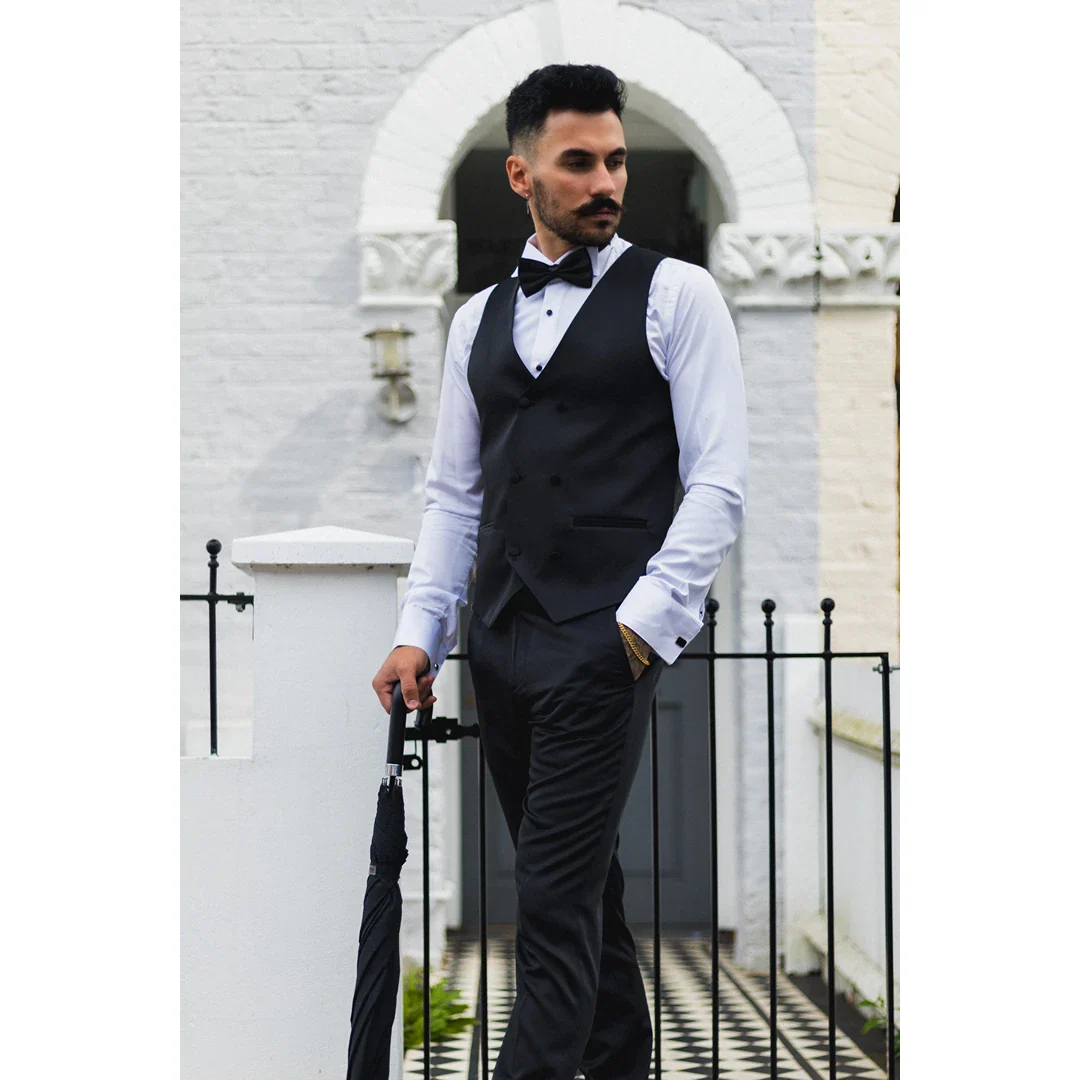 Men's Black Satin Double Breasted Waistcoat Black Tie Dinner Vest