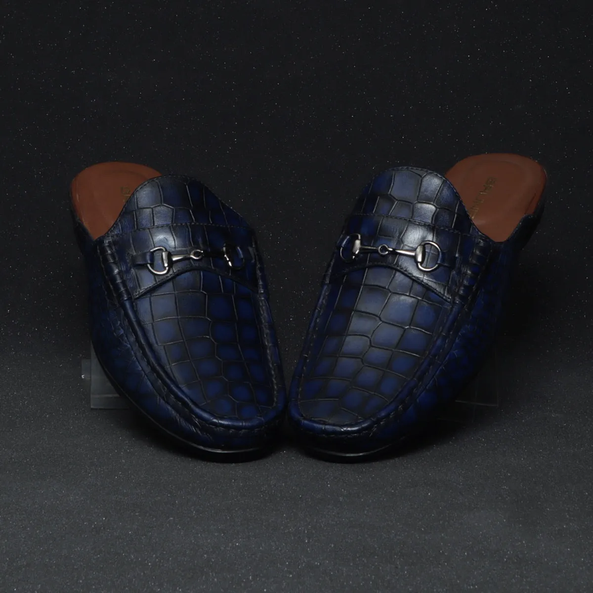 Men's Horse-Bit Mules Blue Smoky Croco Deep Cut Textured Leather