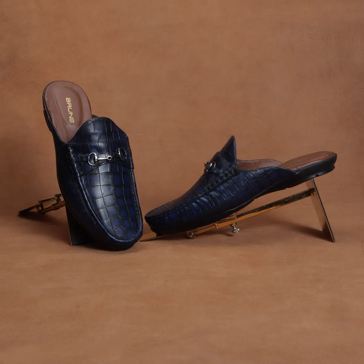 Men's Horse-Bit Mules Blue Smoky Croco Deep Cut Textured Leather