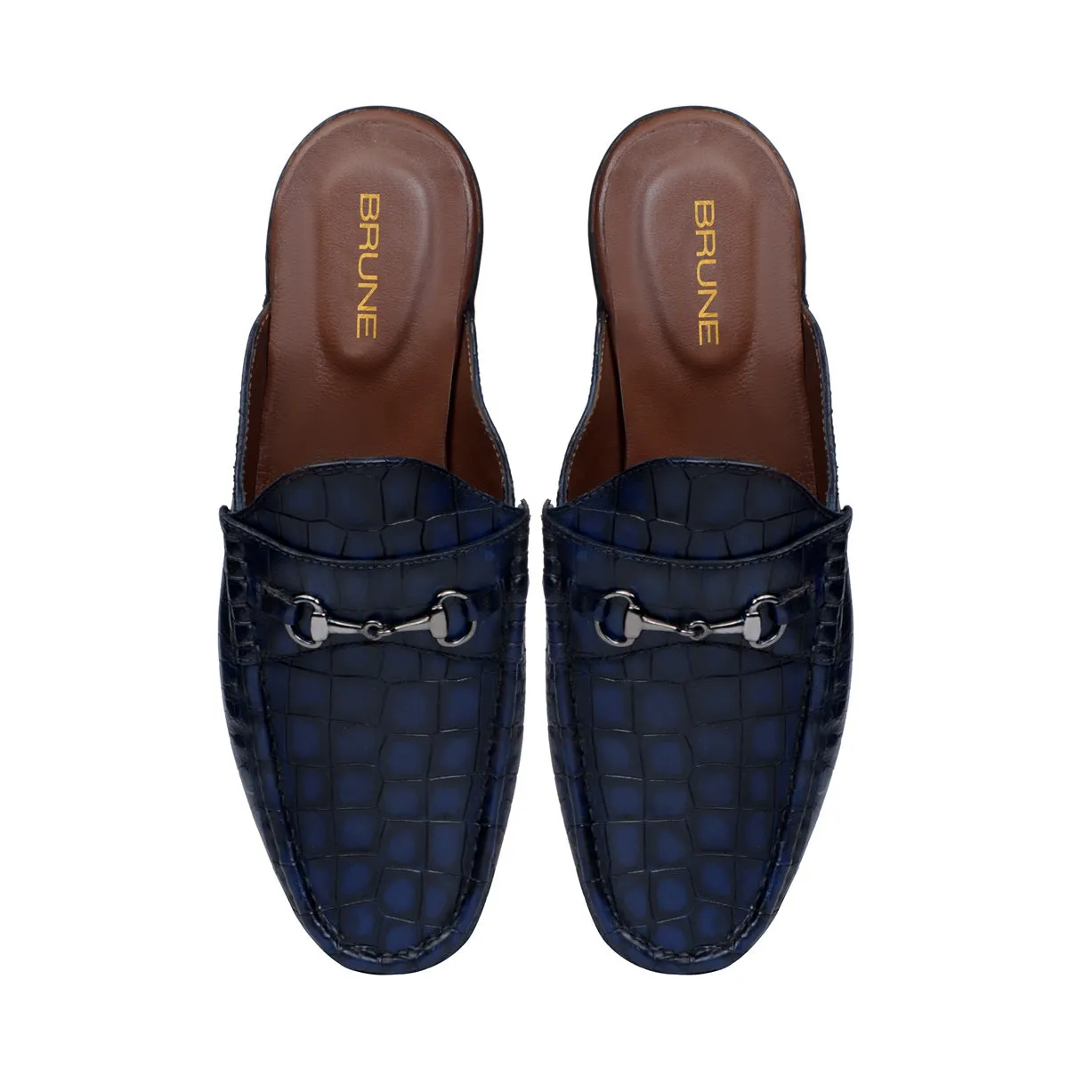 Men's Horse-Bit Mules Blue Smoky Croco Deep Cut Textured Leather