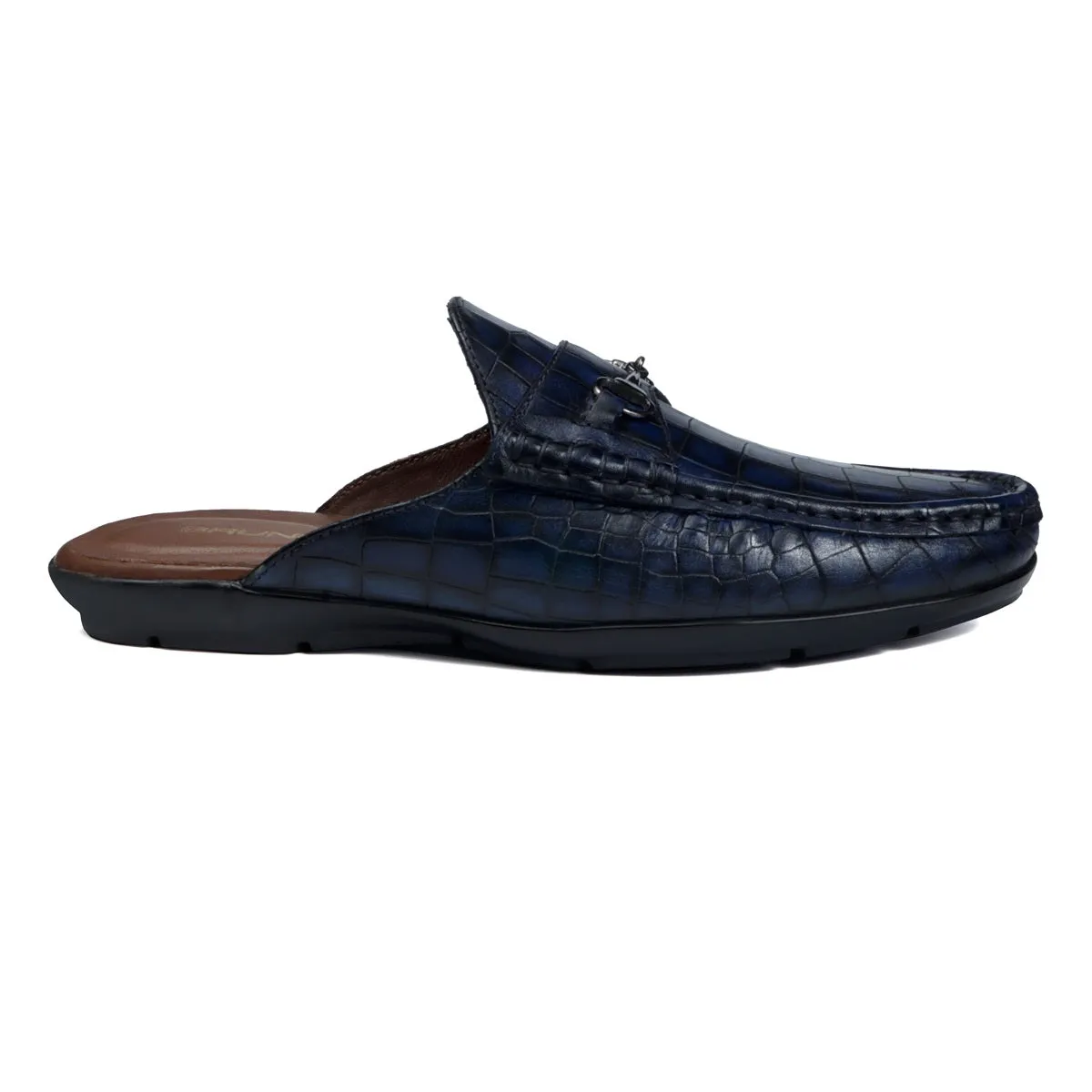 Men's Horse-Bit Mules Blue Smoky Croco Deep Cut Textured Leather