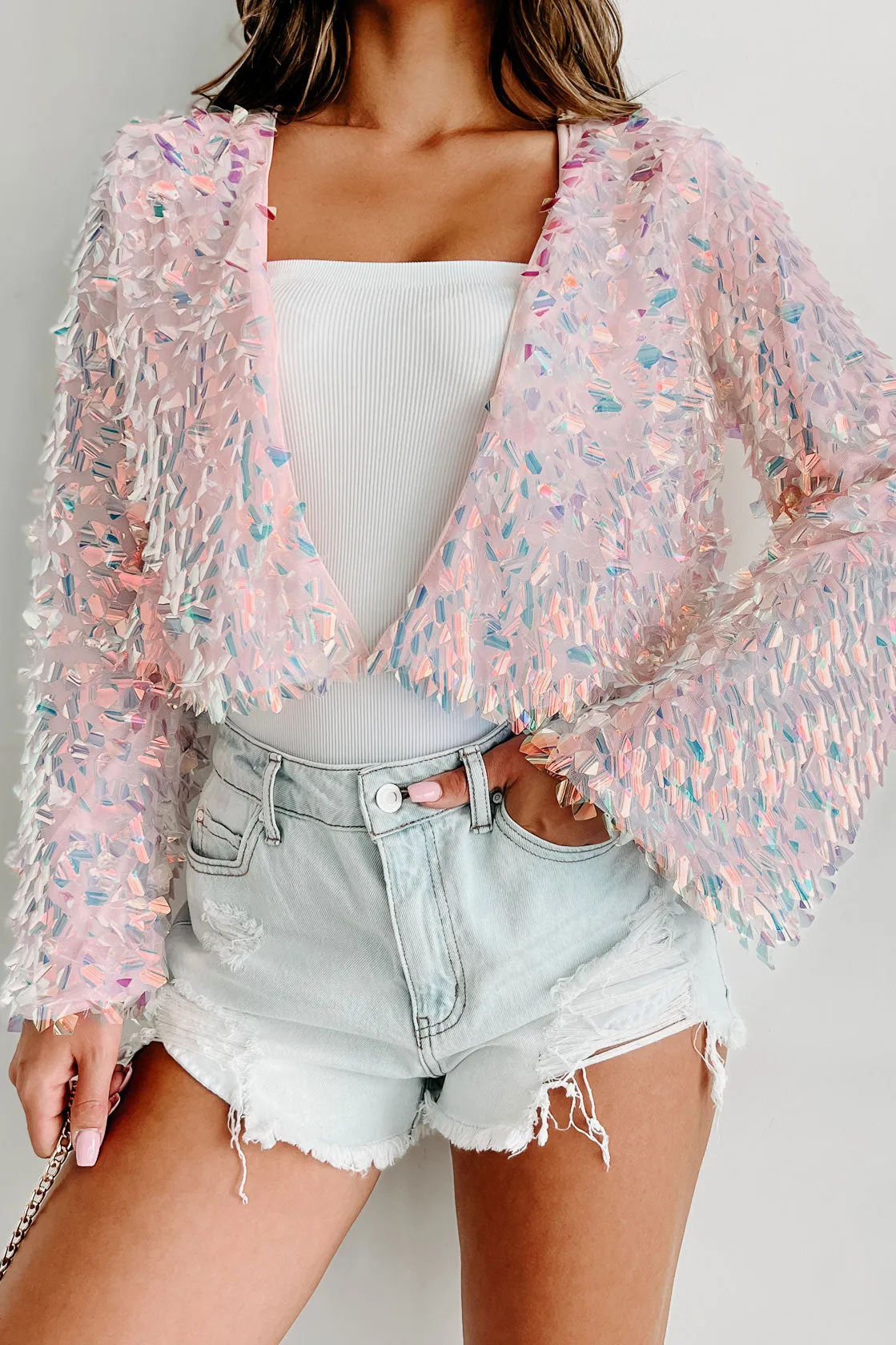 Mesmerizing Sight Open Front Iridescent Sequin Cardigan (Pink)