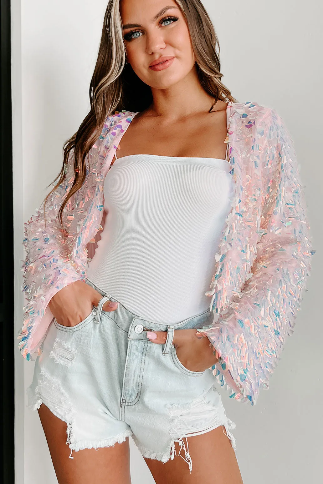 Mesmerizing Sight Open Front Iridescent Sequin Cardigan (Pink)