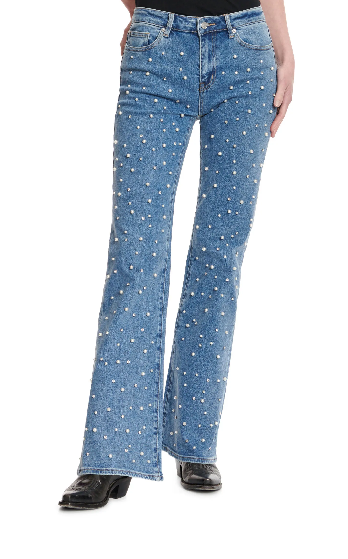 Mica Women's Medium Wash Embellished Pearl & Bling Studs High Rise Wide Leg Jeans