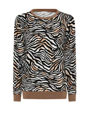 Micha Glitter Trim Zebra Print Sweater, Camel and Cognac