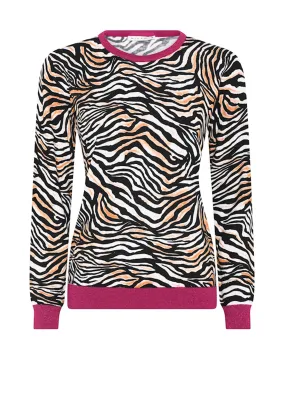 Micha Glitter Trim Zebra Print Sweater, Camel and Wine