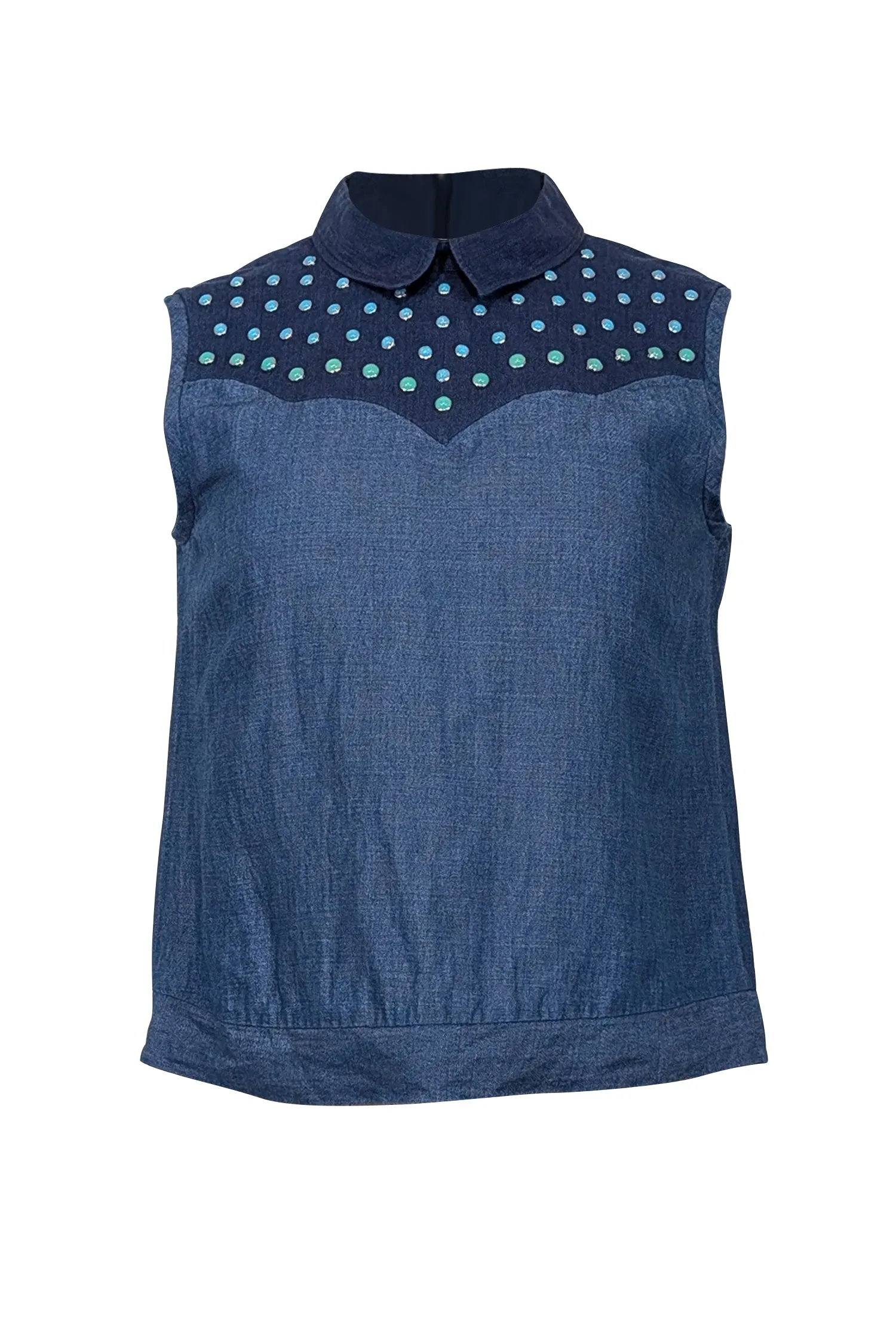 Missoni - Blue Denim Sleeveless Collared Top w/ Blue & Green Studs Sz 4