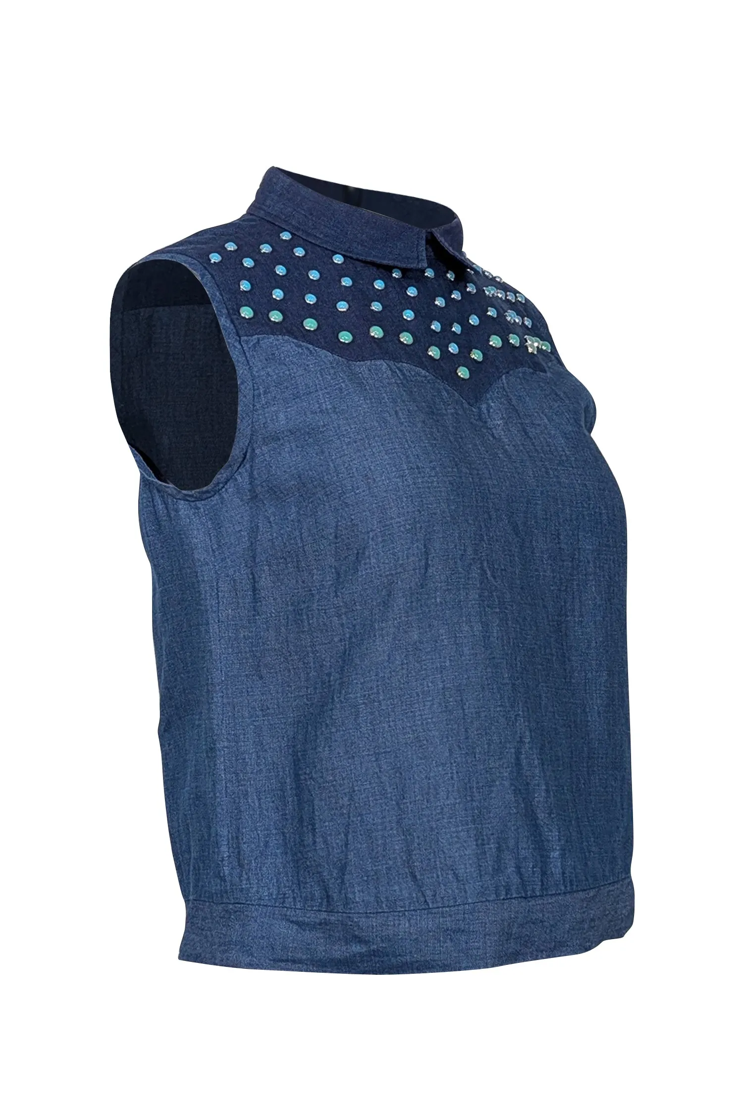 Missoni - Blue Denim Sleeveless Collared Top w/ Blue & Green Studs Sz 4