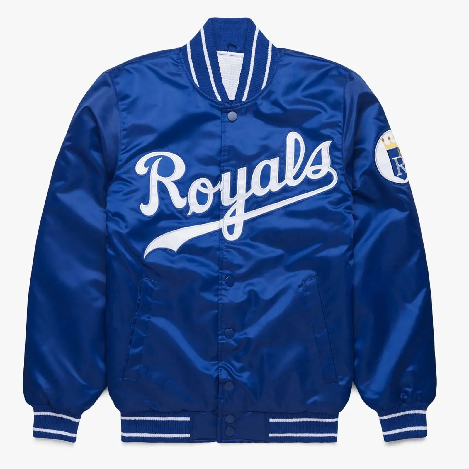 MLB Kansas City Royals Royal Blue Satin Bomber Baseball Letterman Varsity Jacket