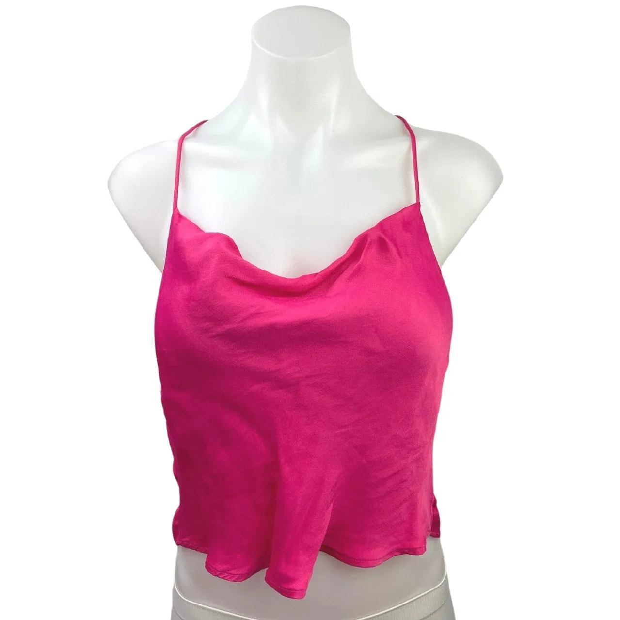 New Zara Women's Pink Silk Satin Cowl Neck Sleeveless Crop Camisole Tank Top S