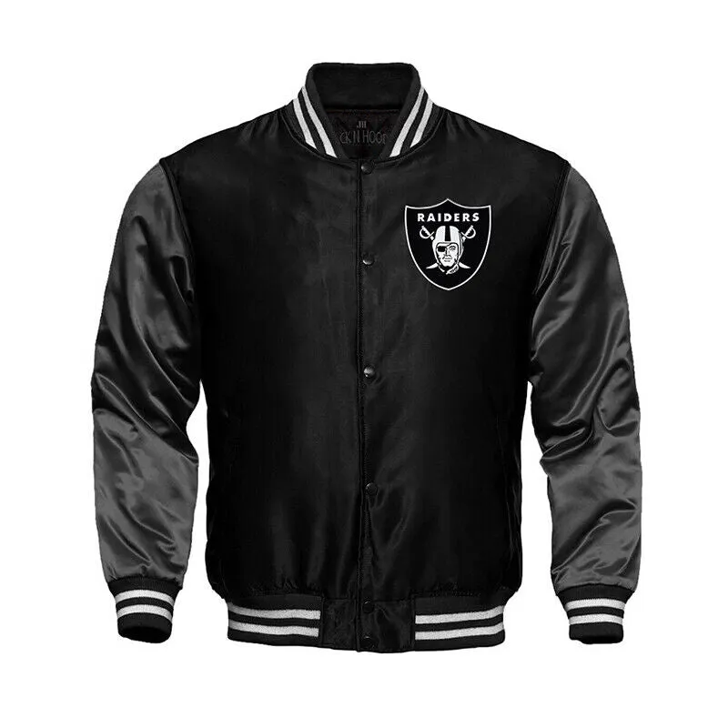 NFL Oakland Raiders Black Satin Bomber Varsity Jacket Embroidery logos