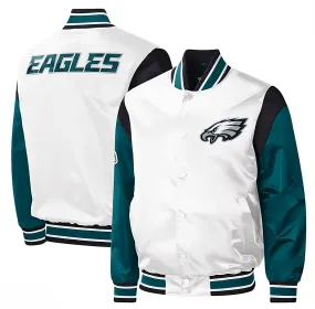 NFL Philadelphia Eagles White Full Snap Satin Varsity Jacket Embroidery