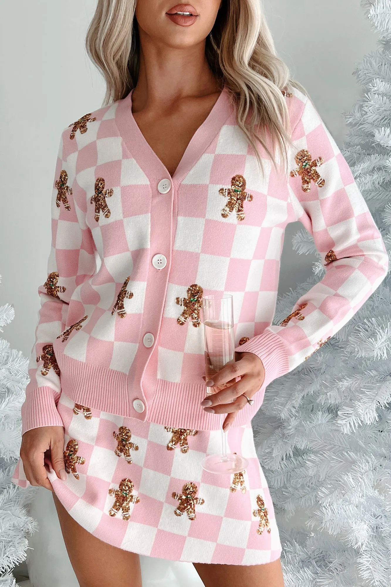 Not Cookie Cutter Sequin Gingerbread Man Checker Cardigan (White/Pink)